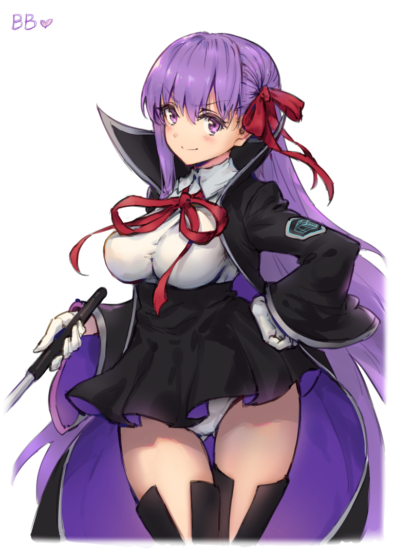 &gt;:) 1girl bb_(fate/extra_ccc) black_legwear breasts character_name cloak eyebrows_visible_through_hair fate/extra fate/extra_ccc fate_(series) gloves gou_(ga673899) hair_ribbon hand_on_hip high-waist_skirt impossible_clothes impossible_shirt large_breasts long_hair panties purple_hair ribbon shirt skirt smile solo taut_clothes taut_shirt thigh-highs underbust underwear very_long_hair violet_eyes white_gloves white_panties wide_sleeves