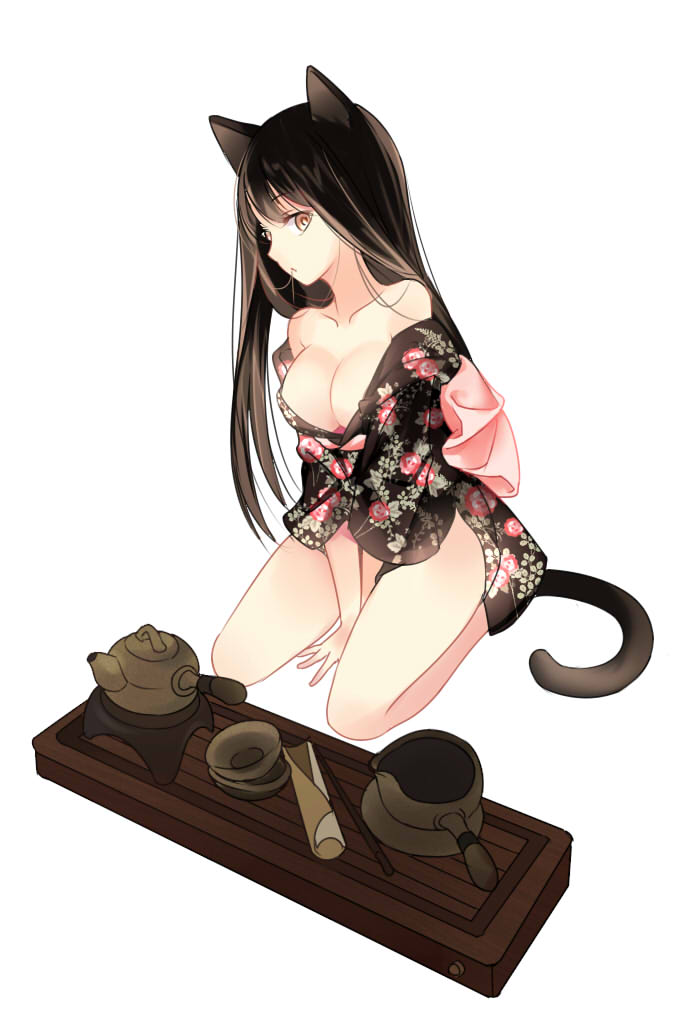 1girl animal_ears bangs between_legs black_hair black_kimono bowl breasts cat_ears cat_girl cat_tail cleavage collarbone eyebrows_visible_through_hair floral_print hand_between_legs japanese_clothes kimono kneeling large_breasts long_hair looking_at_viewer mana_(418208360) original short_kimono simple_background solo tail teapot thighs white_background