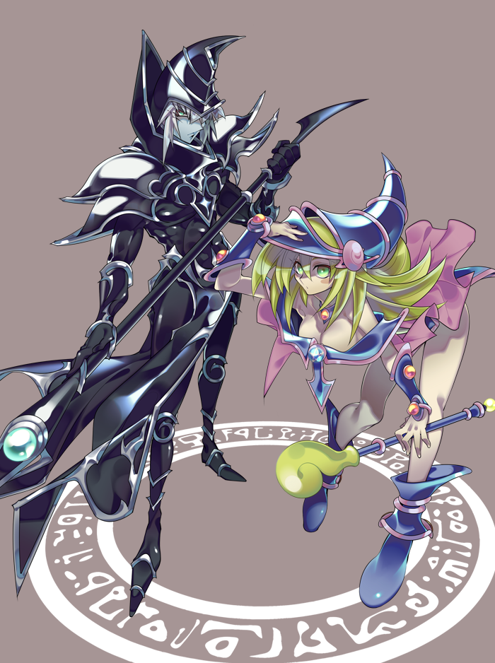 1boy 1girl bare_shoulders blonde_hair blue_boots blush blush_stickers boots breasts choker cleavage dark_magician dark_magician_girl duel_monster green_eyes hat large_breasts long_hair magic_circle misaka_(missa) pale_skin pentacle staff white_hair wizard_hat yu-gi-oh! yuu-gi-ou_duel_monsters