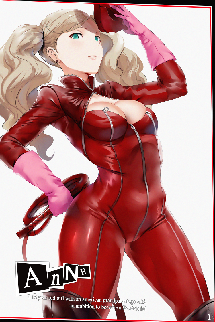 1girl aqua_eyes blonde_hair breasts character_name cleavage cleavage_cutout contrapposto covered_navel gloves gluteal_fold hat hews_hack lips long_hair looking_at_viewer medium_breasts persona persona_5 solo standing takamaki_anne twintails whip white_background