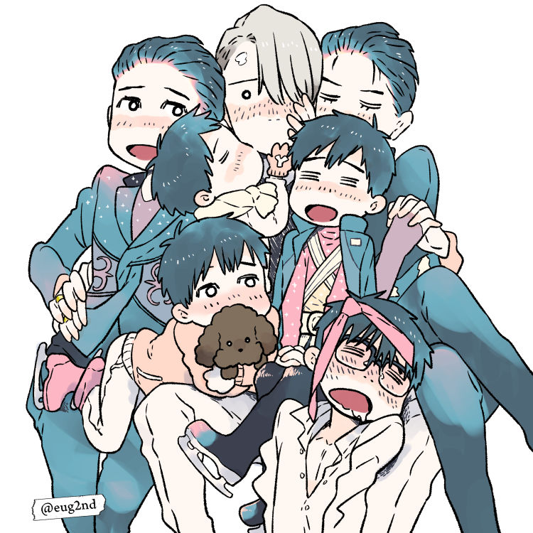 6+boys =_= black_hair blush child closed_eyes dog drooling eugenio2nd gloves hair_over_one_eye hand_holding hand_on_another's_hip ice_skates jewelry katsuki_yuuri legs_crossed male_focus medal multiple_boys multiple_persona necktie necktie_on_head open_mouth ring scarf silver_hair sitting sitting_on_lap sitting_on_person skates smile vicchan viktor_nikiforov younger yuri!!!_on_ice