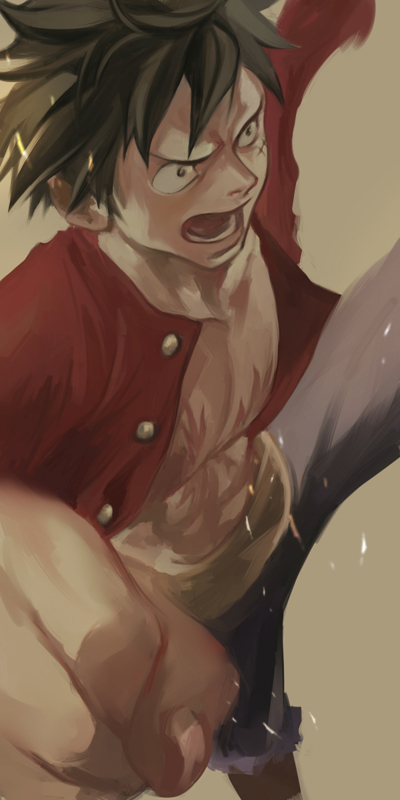 1boy abs bare_chest black_eyes black_hair buttons chest clenched_hand collarbone d:&lt; foreshortening from_side koga leg_up long_sleeves male_focus monkey_d_luffy one_piece open_clothes open_mouth open_shirt scar shirt shorts simple_background solo sparks