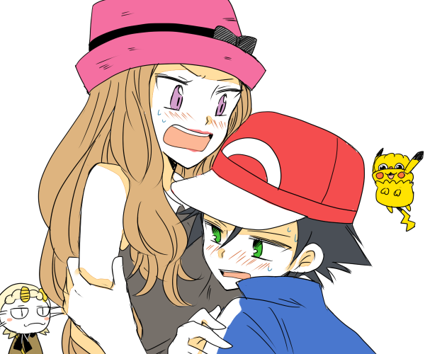 1boy 1girl atsumi_yoshioka black_hair blush brown_hair cosplay eureka_(pokemon) eureka_(pokemon)_(cosplay) green_eyes hat inkay kojirou_(pokemon) meowth musashi_(pokemon) pikachu pikachu_(cosplay) pokemon satoshi_(pokemon) satoshi_(pokemon)_(cosplay) serena_(pokemon) serena_(pokemon)_(cosplay) team_rocket violet_eyes