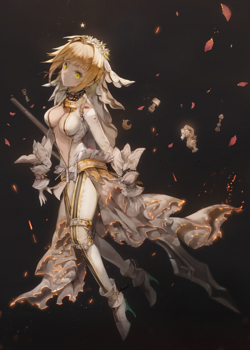 1girl aestus_estus ahoge arms_at_sides belt belt_buckle blonde_hair bodysuit breasts bridal_veil buckle burning_clothes catsuit center_opening chains cleavage fate/extra fate/extra_ccc fate_(series) flower flower_wreath full-length_zipper full_body gloves green_eyes hair_intakes high_heels hong leg_belt lock long_sleeves looking_at_viewer medium_breasts midriff navel padlock saber_bride saber_extra shoes sidelocks solo sword tight unzipped veil weapon white_bodysuit white_gloves white_shoes zipper
