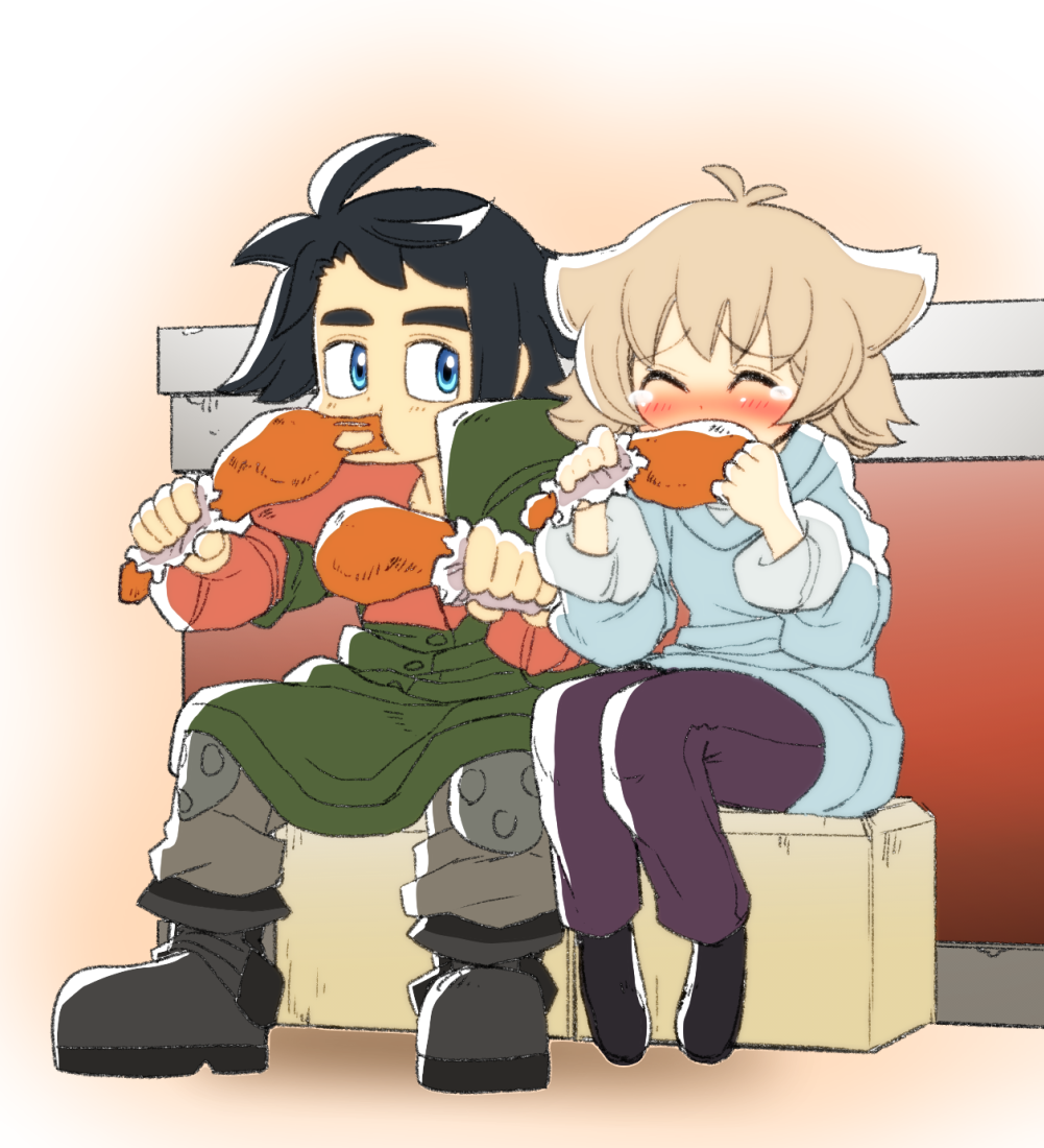 1boy 1girl ^_^ ahoge amano_jaku_(kyabosean) ankle_boots antenna_hair armor atra_mixta black_hair blonde_hair blue_eyes blush boots box buttons closed_eyes eating food full_body green_jacket gundam gundam_tekketsu_no_orphans holding holding_food jacket knee_pads long_sleeves mikazuki_augus pants sweater tears younger