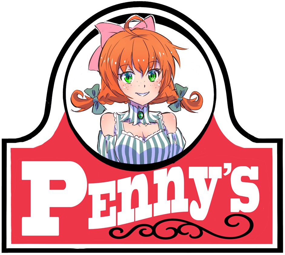 1girl ahoge bare_shoulders bow breasts cleavage cleavage_cutout commentary_request cosplay freckles green_eyes hair_bow hair_ribbon iesupa logo looking_at_viewer medium_breasts orange_hair parody parted_lips penny_polendina ribbon rwby short_twintails smile solo twintails upper_body wendy's wendy_(wendy's) wendy_(wendy's)_(cosplay)