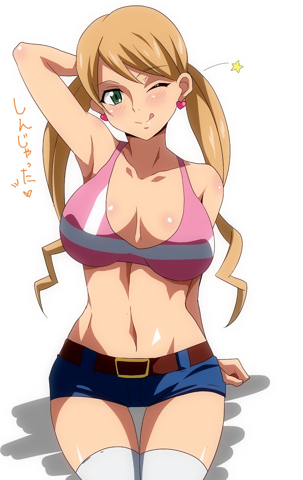 1girl ;q arm_behind_head belt blonde_hair blush breasts bustier cleavage drill_hair earrings green_eyes gundam gundam_tekketsu_no_orphans heart heart_earrings hera_(hara0742) highres jewelry lafter_frankland large_breasts long_hair looking_at_viewer one_eye_closed short_shorts shorts sitting solo thigh-highs thigh_gap tongue tongue_out twin_drills twintails white_legwear