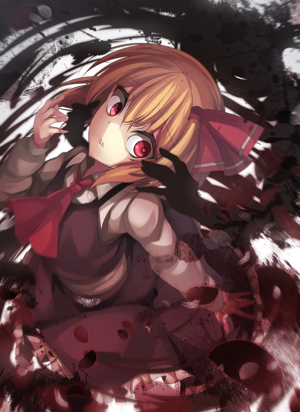 1girl ascot black_skirt black_vest blonde_hair collared_shirt darkness frilled_skirt frills hair_ribbon hands highres janne_cherry long_sleeves looking_at_viewer necktie parted_lips red_ascot red_eyes red_necktie red_ribbon ribbon rumia shaded_face shirt short_hair skirt skirt_set solo touhou vest white_shirt wide-eyed