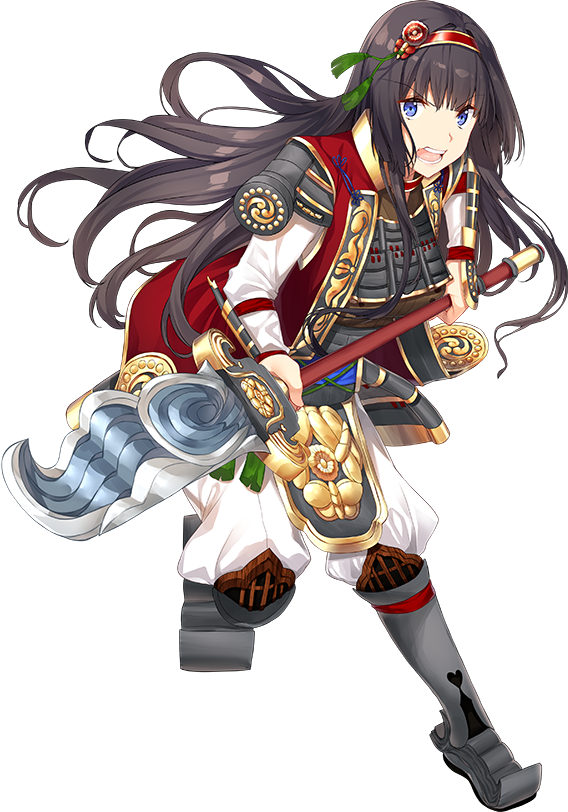 &gt;:o 1girl artist_request black_hair blue_eyes breastplate eyebrows_visible_through_hair full_body hairband holding holding_spear holding_weapon long_hair looking_at_viewer official_art oshiro_project oshiro_project_re polearm red_hairband solo spear takasaki_(oshiro_project) transparent_background weapon