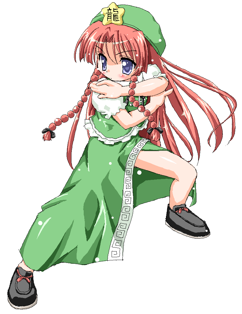 1girl bare_legs beret blue_eyes blush blush_stickers bow braid china_dress chinese_clothes dress female fighting_stance full_body green_hat hair_bow hat hong_meiling immaterial_and_missing_power kekyo long_hair oekaki pink_hair redhead serious shiny shiny_skin side_slit solo spread_legs star touhou twin_braids very_long_hair violet_eyes white_background