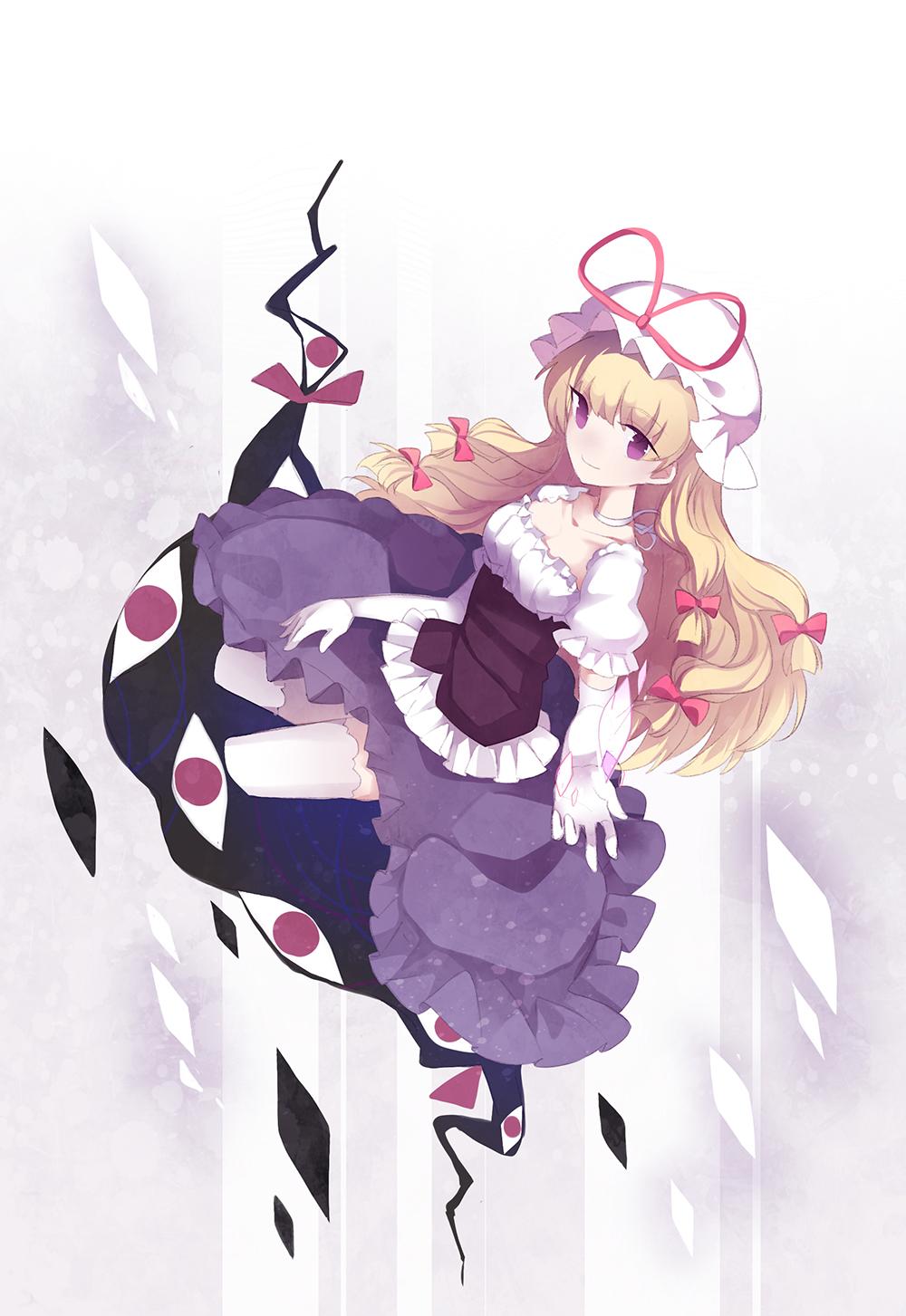 1girl adapted_costume alternate_breast_size alternate_costume blonde_hair bow breasts choker cuivre elbow_gloves eyes floating frilled_skirt frilled_sleeves frills gloves hair_bow hat hat_ribbon highres light_particles long_hair looking_at_viewer mob_cap open_hand puffy_short_sleeves puffy_sleeves purple_skirt red_eyes ribbon ribbon_choker shirt short_sleeves skirt small_breasts smile solo thigh-highs touhou very_long_hair white_gloves white_legwear white_shirt yakumo_yukari