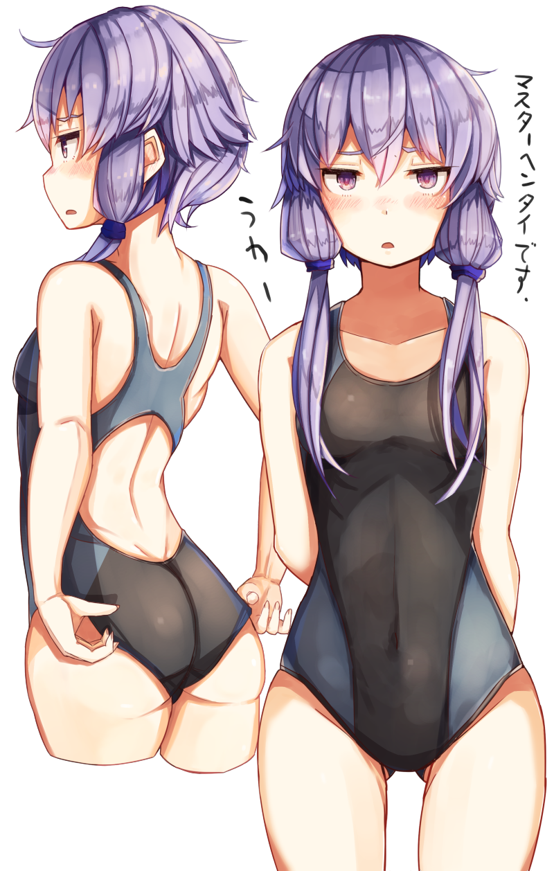 1girl adjusting_clothes adjusting_swimsuit arms_at_sides ass bangs black_swimsuit blush breasts competition_swimsuit covered_navel cowboy_shot hair_between_eyes highres jitome long_hair looking_at_viewer low_twintails multiple_views one-piece_swimsuit parted_lips plan_(planhaplalan) profile purple_hair simple_background small_breasts swimsuit thighs translated twintails violet_eyes vocaloid voiceroid white_background yuzuki_yukari
