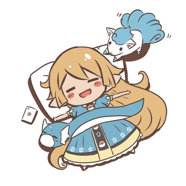 1girl :d blonde_hair blue_dress blush_stickers cellphone character_request charlotta_(granblue_fantasy) chibi closed_eyes crossover dratini dress from_above full_body long_hair looking_at_another lying motion_lines o_(rakkasei) on_back open_mouth outstretched_arms phone pillow pointy_ears pokemon pokemon_(creature) pokemon_go puffy_short_sleeves puffy_sleeves short_sleeves sleeping smartphone smile solid_oval_eyes spread_arms very_long_hair white_background