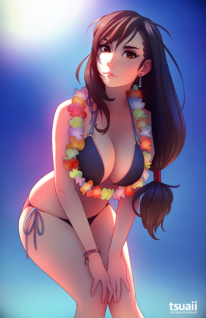 1girl artist_name bikini blue_background blue_skirt bracelet breasts brown_hair cleavage closed_mouth earrings final_fantasy final_fantasy_vii flower flower_necklace gradient gradient_background hair_tubes halter_top halterneck jewelry jonathan_hamilton large_breasts leaning_forward lei lips long_hair looking_at_viewer low-tied_long_hair necklace nose o-ring_top patreon_username pink_lips red_eyes side-tie_bikini simple_background skirt solo swimsuit tifa_lockhart v_arms watermark web_address