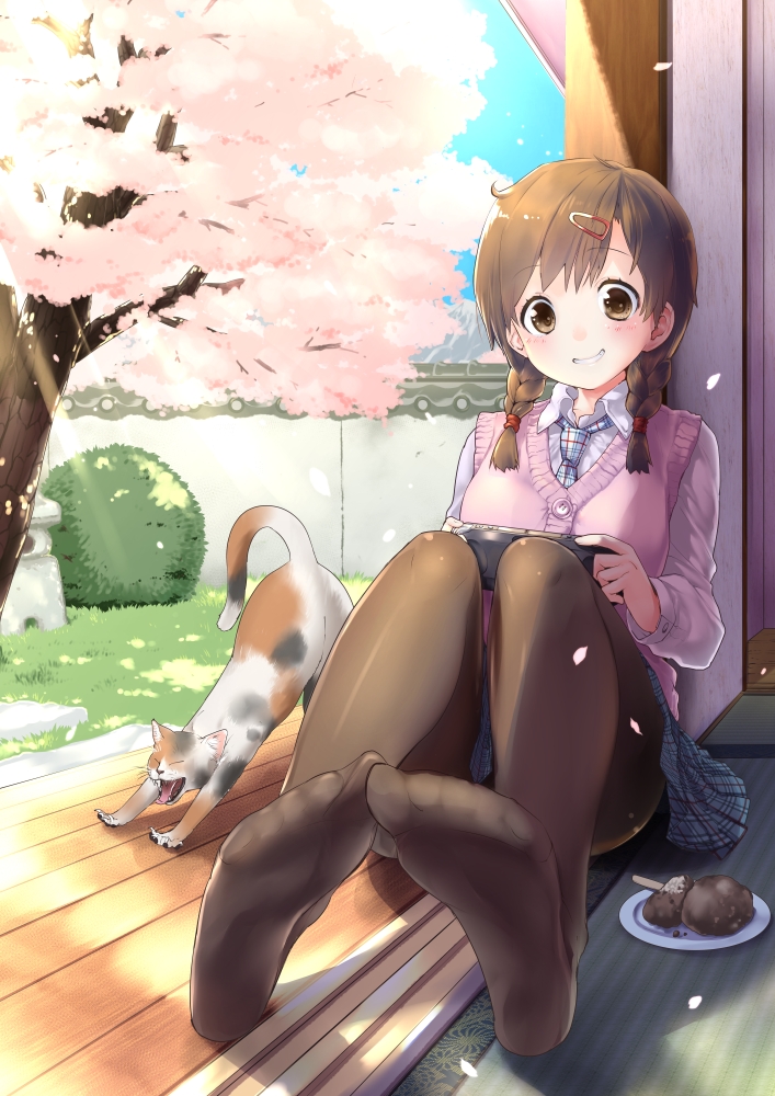 1girl :d animal bangs blue_sky blush braid breasts brown_eyes brown_hair brown_legwear bush buttons cat cherry_blossoms collared_shirt dappled_sunlight day dress_shirt eyebrows_visible_through_hair feet food game_console grass grin hair_ornament hair_tie hairclip handheld_game_console holding knees_up light_rays long_sleeves looking_at_viewer medium_breasts mozu_(peth) necktie open_mouth original pantyhose petals pink_sweater plaid plaid_necktie plaid_skirt plate playing_games playstation_portable porch school_uniform shirt sitting skirt sky smile solo stretch sunbeam sunlight sweater sweater_vest tatami toes tree twin_braids veranda waking_up white_shirt wing_collar yawning