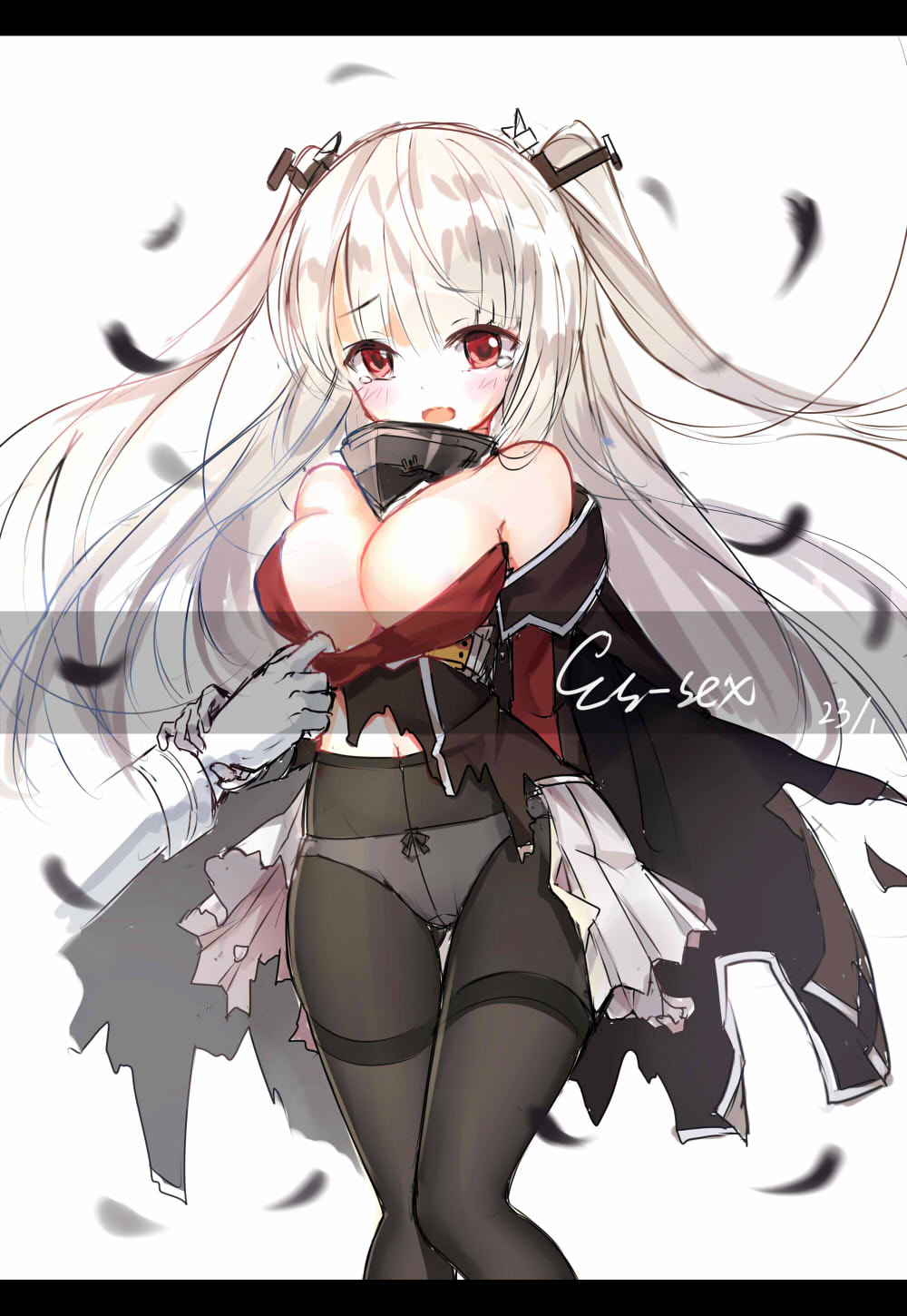 1girl assisted_exposure bangs bare_shoulders black_bow blush bow bow_panties breasts character_name embarrassed essex_(zhan_jian_shao_nyu) eyebrows_visible_through_hair gloves grey_hair highres holding_arm large_breasts legs_together letterboxed mana_(418208360) open_mouth out_of_frame panties panties_under_pantyhose pantyhose pleated_skirt red_eyes silver_hair sketch skirt solo_focus standing tears thighband_pantyhose torn_clothes torn_skirt two_side_up underwear white_gloves white_panties white_skirt zhan_jian_shao_nyu