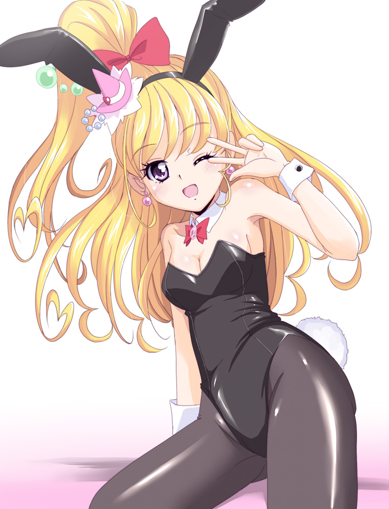 1girl amraam120c animal_ears asahina_mirai black_legwear black_leotard blonde_hair bunny_tail bunnysuit cure_miracle hat high_ponytail leotard long_hair looking_at_viewer magical_girl mahou_girls_precure! mini_hat mini_witch_hat one_eye_closed open_mouth pantyhose precure rabbit_ears solo strapless strapless_leotard tail v_over_eye violet_eyes witch_hat wrist_cuffs