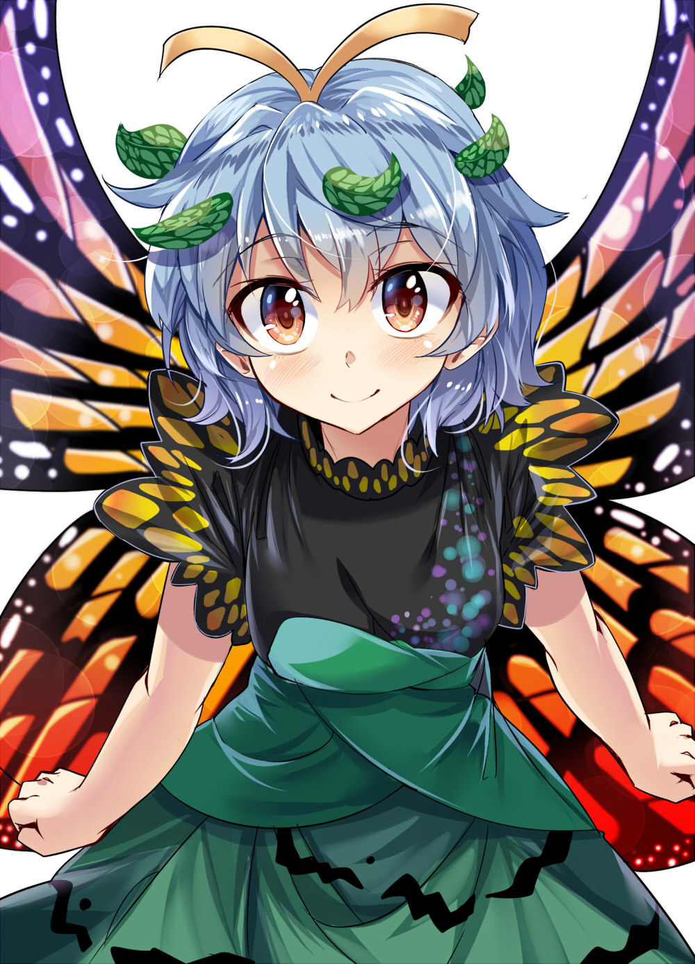 1girl antennae blue_hair brown_eyes butterfly_wings closed_mouth dress e.o. eternity_larva green_dress hair_ornament highres leaf_hair_ornament looking_at_viewer short_hair simple_background smile solo touhou white_background wings