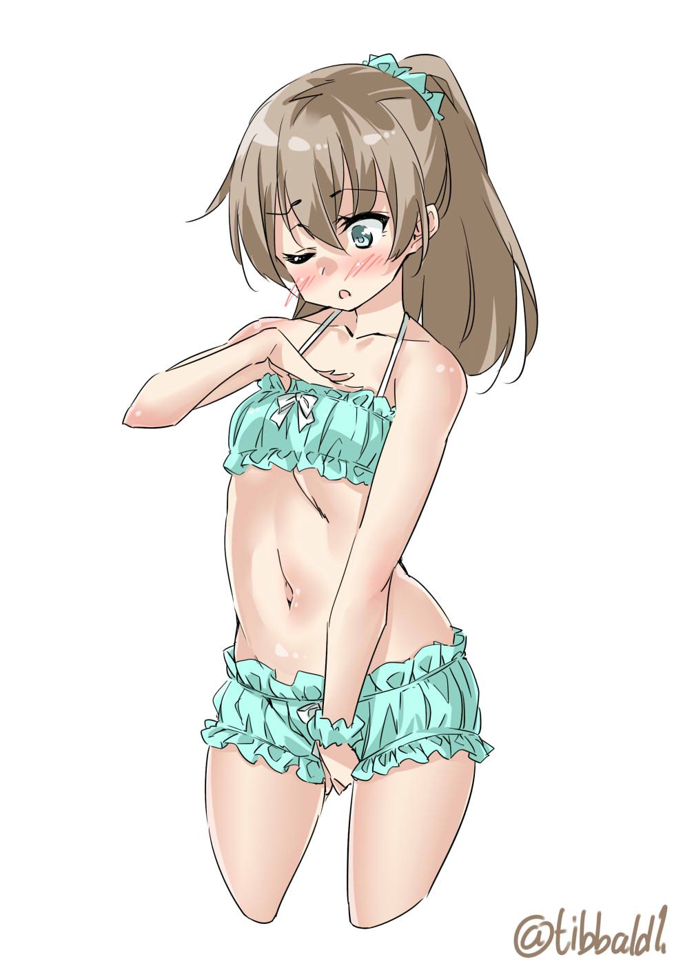 1girl aqua_swimsuit bangs bare_arms bikini blue_bikini blue_eyes blush bow breasts brown_hair collarbone cowboy_shot cropped_legs ebifurya eyebrows_visible_through_hair frilled_swimsuit frills hair_between_eyes hand_on_own_chest highres kantai_collection kumano_(kantai_collection) long_hair navel one_eye_closed open_mouth ponytail scrunchie simple_background small_breasts solo stomach swimsuit twitter_username white_background white_bow wrist_scrunchie