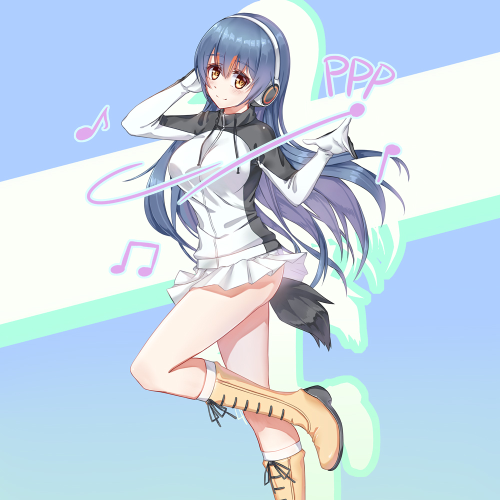 1girl beige_boots blue_background blue_hair boots brown_eyes closed_mouth drawstrings eyebrows_visible_through_hair from_side gentoo_penguin_(kemono_friends) hair_between_eyes head_tilt headphones kemono_friends knee_boots leg_up light_smile long_hair musical_note nichts_(nil) penguin_tail pleated_skirt quaver silhouette skirt solo turtleneck very_long_hair white_skirt