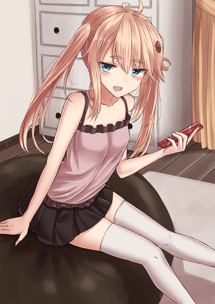 1girl :d ahoge arm_at_side bangs bare_shoulders black_skirt blonde_hair blush blush_stickers breasts camisole carpet cellphone collarbone cowboy_shot curtains eyebrows_visible_through_hair fang hair_between_eyes hair_ornament hairclip hand_up highres holding holding_cellphone holding_phone indoors long_hair looking_at_viewer miniskirt open_mouth original phone rabochicken sitting skirt small_breasts smartphone smile solo spaghetti_strap thick_eyebrows thigh-highs tsurime twintails white_legwear
