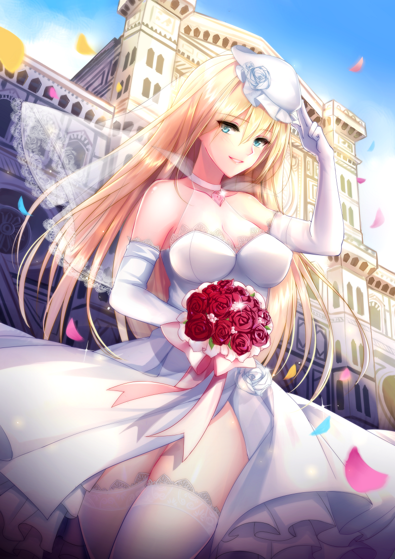 1girl alternate_costume bismarck_(kantai_collection) blonde_hair blue_eyes bouquet breasts dress elbow_gloves eyebrows_visible_through_hair flower gloves hat holding holding_bouquet kantai_collection large_breasts long_hair meaomao red_rose rose smile solo thigh-highs wedding_dress white_dress white_gloves white_hat white_legwear