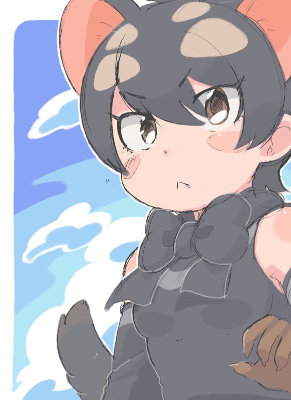 &gt;:&lt; 1girl :&lt; animal_ears arm_at_side arm_warmers bare_shoulders black_hair black_ribbon black_shirt blue_sky blush_stickers border breasts brown_eyes brown_gloves claw_pose closed_mouth clouds day extra_ears eyebrows eyebrows_visible_through_hair eyelashes fang fang_out fingernails from_side gloves gradient_sky hand_up kamijou_shoutarou kemono_friends light_brown_hair looking_at_viewer motion_lines multicolored_hair neck_ribbon outdoors outline outside_border ribbon rounded_corners sanpaku sharp_fingernails shirt short_hair sketch sky sleeveless sleeveless_shirt small_breasts solo tail tasmanian_devil_(kemono_friends) tasmanian_devil_ears tasmanian_devil_tail tsurime two-tone_hair upper_body white_border white_outline