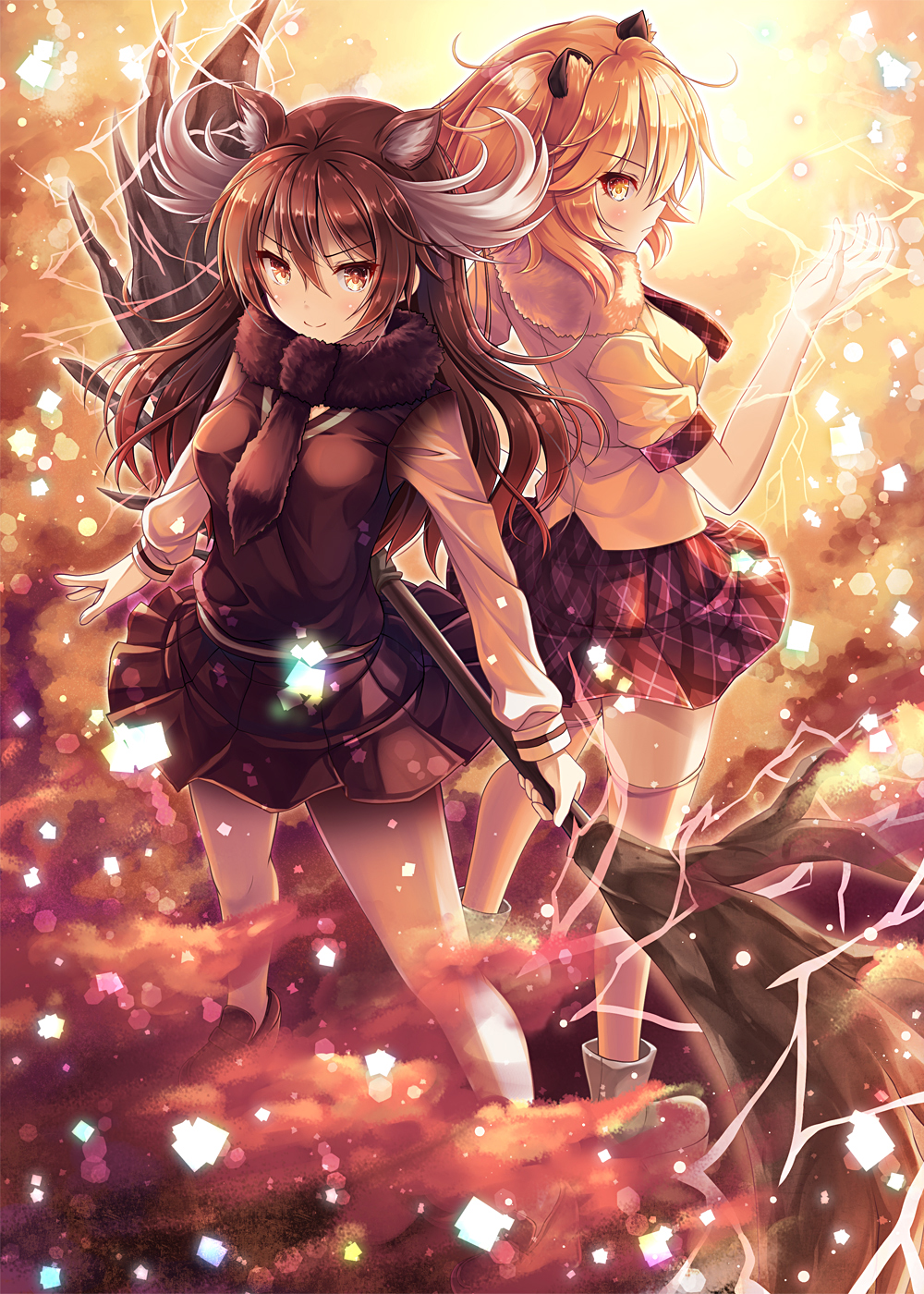 &gt;:) 2girls akashio_(loli_ace) animal_ears ankle_boots back-to-back bangs black_necktie black_scarf black_skirt black_vest blonde_hair boots brown_eyes brown_hair brown_shoes closed_mouth commentary_request dust electricity energy eyebrows_visible_through_hair from_above full_body fur_collar glowing glowing_hand grey_boots grey_hair hair_between_eyes hand_up highres holding holding_staff holding_weapon kemono_friends lion_(kemono_friends) lion_ears loafers long_hair long_sleeves looking_at_viewer looking_back looking_up moose_(kemono_friends) moose_ears multicolored_hair multiple_girls necktie pantyhose plaid plaid_skirt pleated_skirt red_necktie red_skirt sandstar scarf school_uniform serious shiny shiny_hair shirt shoes short_hair short_sleeves skirt smile staff standing thigh-highs two-tone_hair vest weapon white_legwear white_shirt yellow_eyes zettai_ryouiki