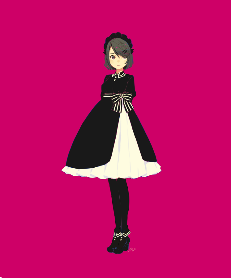 1girl :&lt; ankle_boots arms_behind_back bangs black_dress black_footwear black_hairband black_legwear bob_cut boots bow closed_mouth collared_dress dot_nose dress expressionless eyes_visible_through_hair frilled_hairband frills full_body gothic_lolita grey_hair hair_ornament hairband hairclip heart high_heel_boots high_heels layered_dress legs_together lolita_fashion lolita_hairband looking_to_the_side maeya_susumu medium_dress original pantyhose parted_bangs pink_background pleated_dress puffy_sleeves sash short_hair signature simple_background solo standing striped striped_bow two-tone_bow two-tone_dress violet_eyes waist_bow white_dress wing_collar