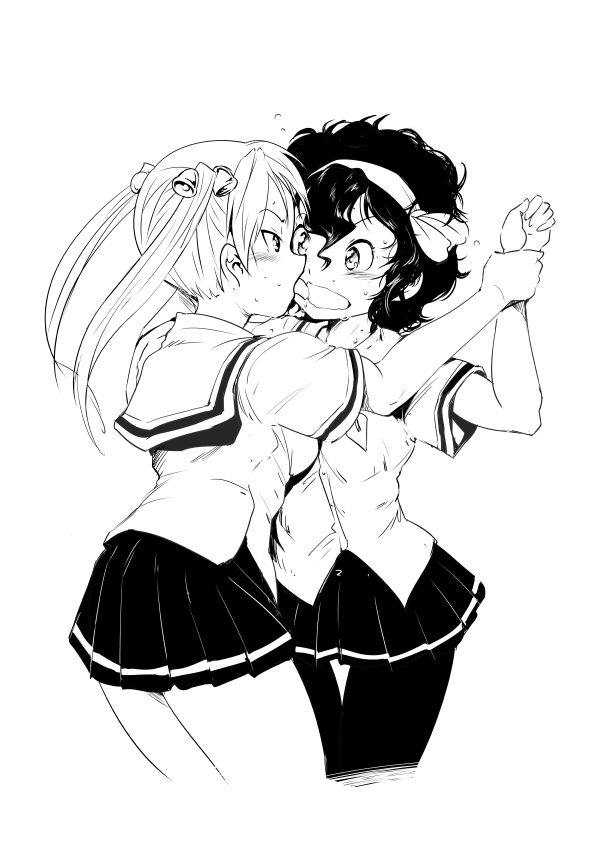 2girls amano_onsa bakuon!! bell blush curly_hair hair_bell hair_ornament hairband licking long_hair monochrome multiple_girls noq pantyhose school_uniform short_hair suzunoki_rin twintails yuri