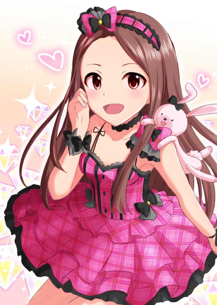 1girl :d armpits bare_shoulders black_bow blush bow breasts brown_hair choker collarbone commentary_request cowboy_shot diamond_(symbol) dress frilled_dress frilled_hairband frills gradient gradient_background hairband hand_on_own_cheek heart idolmaster idolmaster_2 long_hair looking_at_viewer minase_iori muraiaria on_shoulder open_mouth pink_bow pink_dress pink_eyes pink_hairband plaid plaid_bow plaid_dress sleeveless sleeveless_dress small_breasts smile solo spaghetti_strap sparkle stuffed_animal stuffed_bunny stuffed_toy two-tone_background wrist_cuffs