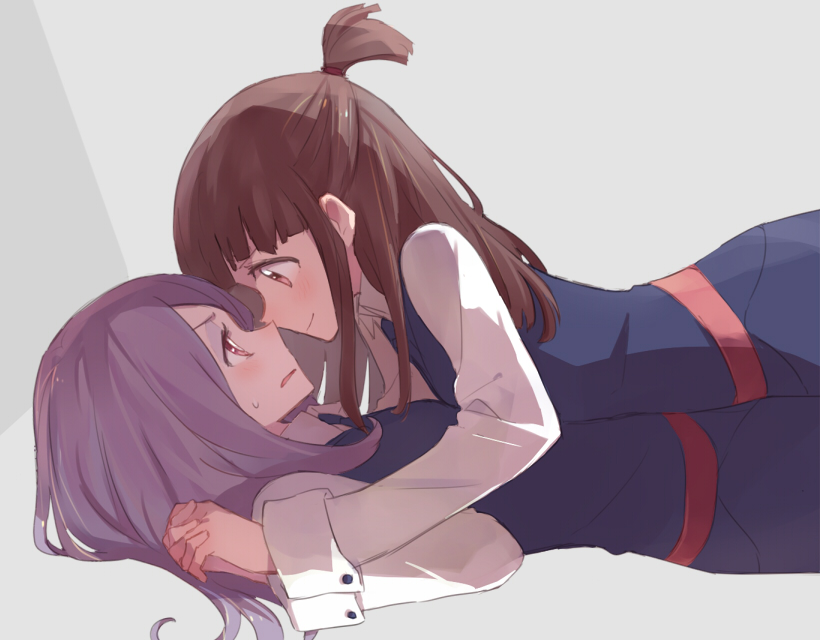 2girls blush brown_eyes brown_hair dress face-to-face from_side hair_tie hand_holding interlocked_fingers kagari_atsuko little_witch_academia long_hair long_sleeves multiple_girls one_side_up open_mouth purple_hair red_eyes school_uniform smile sou_(tuhut) sucy_manbavaran sweat topknot yuri