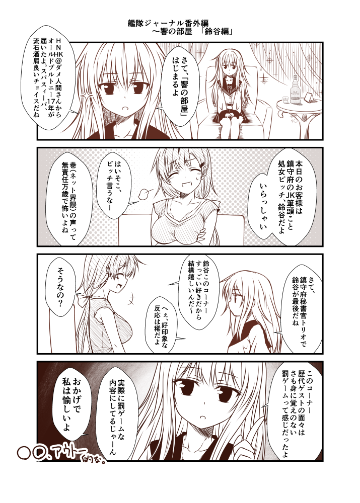 +++ 2girls 4koma alternate_costume alternate_hairstyle breasts comic couch crossed_arms cup curtains drinking_glass hair_ribbon height_difference hibiki_(kantai_collection) index_finger_raised kantai_collection large_breasts liquor long_hair military military_uniform monochrome multiple_girls ponytail ribbon sigh sitting skirt sleeveless smile suzuya_(kantai_collection) sweat table uniform verniy_(kantai_collection) yua_(checkmate)