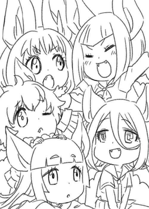 &gt;:o 5girls :d :o ;&lt; ^_^ animal_ears arm_up bangs bat_ears bat_wings blunt_bangs blush brown_long-eared_bat_(kemono_friends) chibi closed_eyes collar dot_nose eyebrows eyebrows_visible_through_hair eyelashes facing_another fang fang_out fangs fraternal_myotis_(kemono_friends) fukai_(yas_lions) fur_collar hair_between_eyes hands_on_another's_head hilgendorf's_tube-nose_bat_(kemono_friends) honduran_white_bat_(kemono_friends) jitome kemono_friends long_hair long_sleeves looking_at_another looking_to_the_side looking_up lying monochrome multiple_girls neckerchief necktie no_mask on_stomach one_eye_closed open_mouth pleated_skirt shirt short_hair sitting sketch skirt smile standing tareme thick_eyebrows vampire_bat_(kemono_friends) wavy_hair wings |d