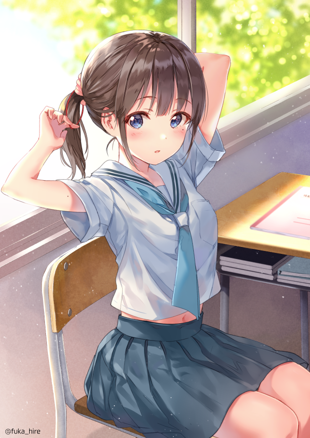 1girl arms_up artist_name blue_eyes blush breasts brown_hair desk fukahire_sanba indoors looking_at_viewer midriff mole mole_on_arm mole_under_eye navel original parted_lips pleated_skirt school_chair school_desk school_uniform serafuku short_ponytail sitting skirt small_breasts solo twitter_username tying_hair