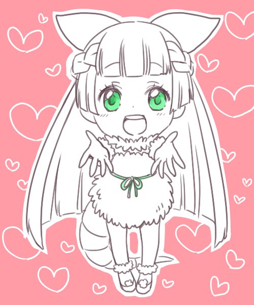 1girl :d ankle_lace-up arm_warmers armadillo_tail bangs belt blunt_bangs blush braid chibi collar cross-laced_footwear dot_nose dress eyebrows_visible_through_hair eyelashes fairy_wings flats french_braid fukai_(yas_lions) full_body fur_collar green_belt green_eyes head_wings heart heart_background kemono_friends long_hair looking_at_viewer mini_wings open_hands open_mouth outline pink_background pink_fairy_armadillo_(kemono_friends) sleeveless sleeveless_dress smile solo spot_color standing strapless strapless_dress tail tareme teeth upper_teeth white_outline wings