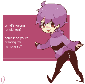 1boy ass brown_eyes english glasses_enthusiast grimace_(mcdonald's) humanization looking_back lowres mcdonald's meme open_mouth pixel_art purple_hair sleeves_past_wrists smile solo