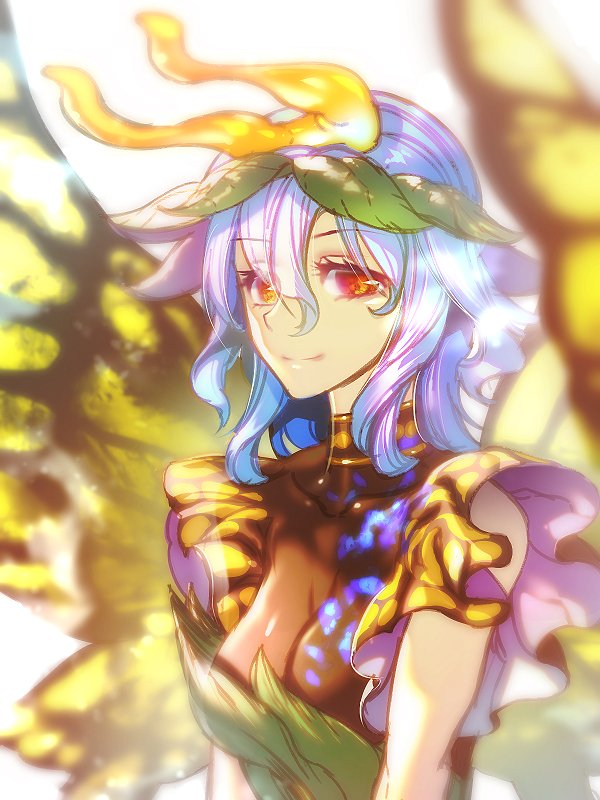 1girl blue_hair breasts brown_eyes butterfly_hair_ornament butterfly_wings dress eternity_larva green_dress hair_ornament hidden_star_in_four_seasons leaf leaf_hair_ornament leaf_on_head smile solo touhou wings zounose