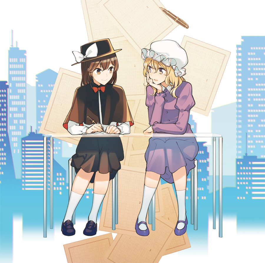 2girls bangs black_skirt blonde_hair bow bowtie brown_eyes brown_hair building building_block capelet chair chin_rest closed_mouth dr.latency's_freak_report dress fedora full_body hat hat_bow juliet_sleeves loafers long_sleeves looking_at_another maribel_hearn mob_cap multiple_girls nakatani parted_lips puffy_sleeves purple_dress red_bow red_bowtie shirt shoes short_hair sitting skirt smile socks table touhou usami_renko white_bow white_legwear white_shirt