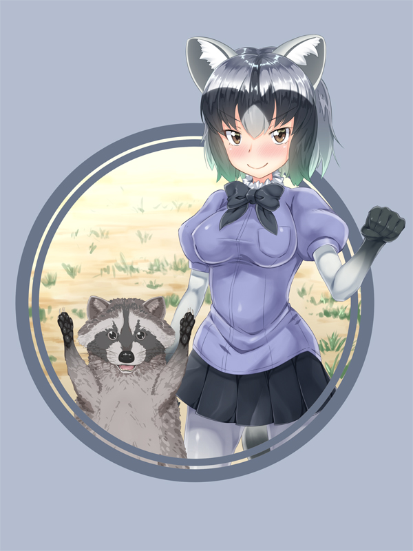 &gt;:) 1girl animal animal_ears black_bow black_eyes black_hair black_skirt blush bow breasts brown_eyes clenched_hand closed_mouth common_raccoon_(kemono_friends) eyebrows_visible_through_hair grass impossible_clothes impossible_shirt kemono_friends looking_at_viewer medium_breasts multicolored_hair open_mouth outstretched_arms pantyhose pleated_skirt puffy_short_sleeves puffy_sleeves purple_background purple_shirt raccoon raccoon_ears raccoon_tail shirt short_sleeves silver_hair skirt smile tail two-tone_hair umitsuki_yu