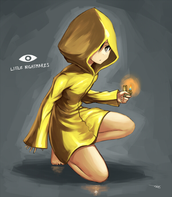 1girl barefoot black_eyes black_hair gia lighter little_nightmares looking_at_viewer one_knee raincoat signature simple_background solo