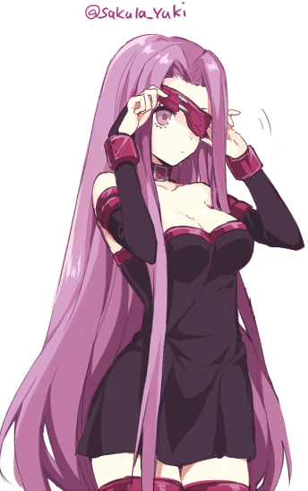 1girl blindfold boots breasts cleavage collar detached_sleeves dress facial_mark fate/stay_night fate_(series) forehead_mark ichinose_yukino long_hair medium_breasts purple_hair rider sleeveless solo strapless strapless_dress thigh-highs thigh_boots twitter_username very_long_hair violet_eyes