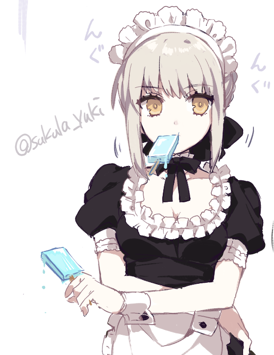 1girl blonde_hair braid fate/stay_night fate_(series) food french_braid gothic gothic_lolita hairband ichinose_yukino lolita_fashion lolita_hairband looking_at_viewer melting mouth_hold popsicle saber saber_alter solo twitter_username upper_body yellow_eyes