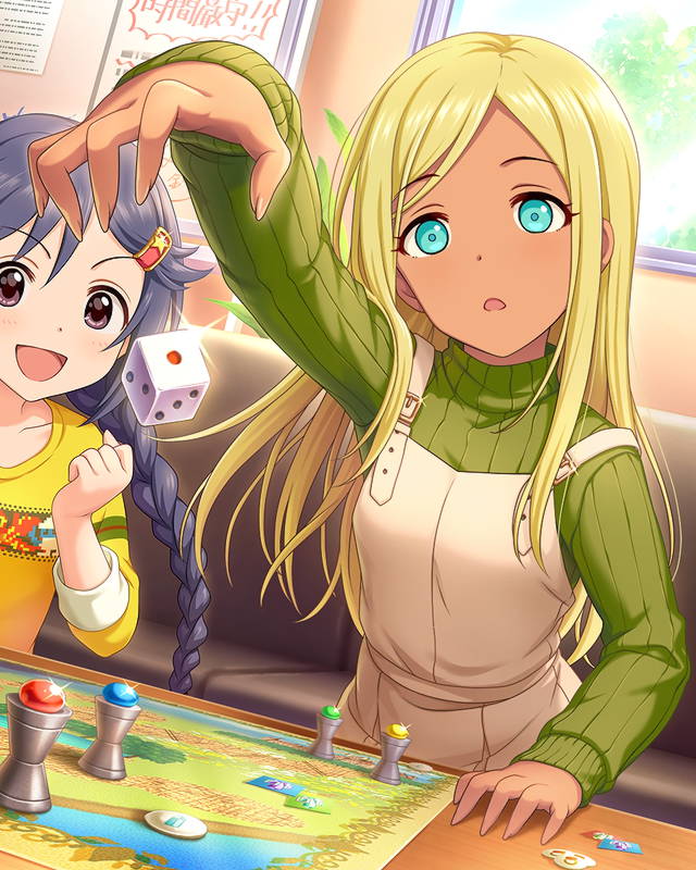 2girls :d :o aqua_eyes artist_request blonde_hair blue_hair blue_sky blush board_game braid clenched_hand collarbone couch dark_skin day dice dot_nose dutch_angle excited eyebrows eyebrows_visible_through_hair eyelashes fingernails green_sweater hair_ornament hairclip hand_up idolmaster idolmaster_cinderella_girls indoors jpeg_artifacts layla_(idolmaster) long_hair long_sleeves looking_at_viewer looking_down miyoshi_sana multiple_girls official_art open_mouth overalls plant playing_games shirt sky sleeve_cuffs smile sparkle striped sweater table tareme tree turtleneck turtleneck_sweater vertical_stripes violet_eyes window wooden_table yellow_shirt