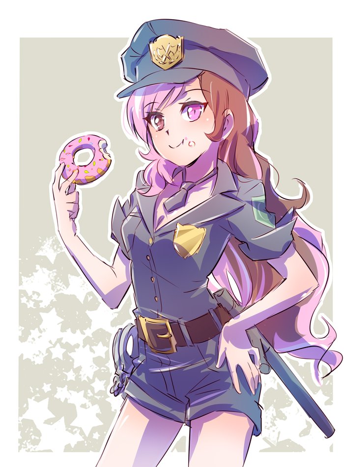 1girl baton belt bitten breasts brown_eyes brown_hair cleavage commentary cuffs doughnut food handcuffs hat heterochromia iesupa long_hair looking_at_viewer medium_breasts multicolored_hair necktie neo_(rwby) pink_eyes pink_hair police police_badge police_hat police_uniform policewoman rwby shorts smile solo standing tonfa uniform weapon