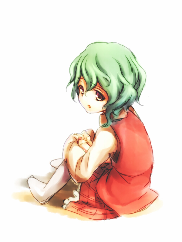 1girl asu_tora chestnut_mouth error from_behind full_body green_hair kazami_yuuka leg_hug long_sleeves looking_to_the_side no_shoes plaid plaid_skirt red_eyes red_skirt red_vest simple_background sitting sketch skirt solo touhou vest wavy_hair white_background white_legwear younger
