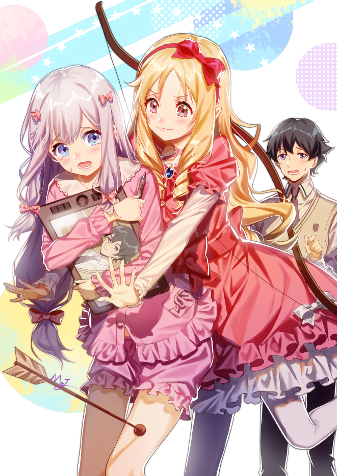 1boy 2girls :3 arrow black_pants blonde_hair bloomers blush bow brooch brother_and_sister brown_eyes brown_hair brown_necktie closed_mouth collared_shirt crying crying_with_eyes_open dress eromanga_sensei frills hair_bow holding izumi_masamune izumi_sagiri jewelry lavender_hair leg_up long_hair long_sleeves looking_at_another majiang multiple_girls necktie open_mouth outstretched_arms pants pantyhose pink_bow pink_dress pink_shirt puffy_short_sleeves puffy_sleeves red_bow shirt short_hair short_sleeves siblings star stylus sweatdrop sweater_vest tablet tears underwear very_long_hair violet_eyes white_background white_legwear wing_collar yamada_elf