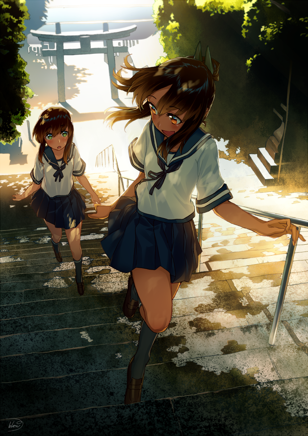 2girls alternate_costume blew_andwhite brown_eyes brown_hair fubuki_(kantai_collection) green_eyes highres i-401_(kantai_collection) kantai_collection long_hair multiple_girls ponytail school_uniform serafuku short_ponytail skirt smile