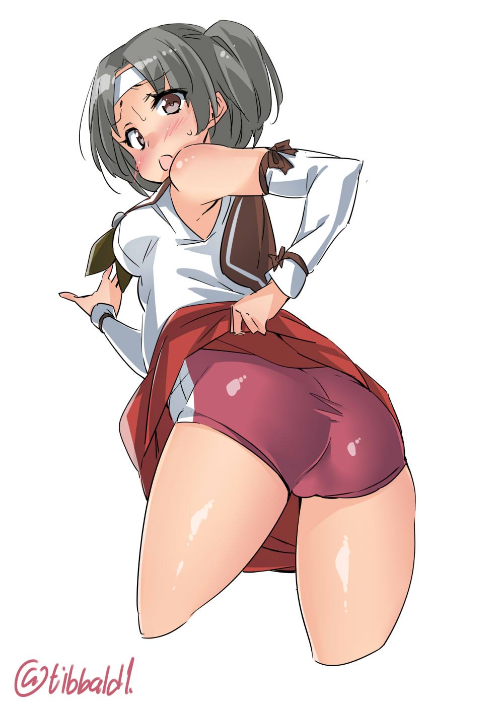 1girl armpits ass bangs black_eyes blush breasts brown_hair buruma cowboy_shot cropped_legs detached_sleeves ebifurya eyebrows_visible_through_hair from_behind headband highres kantai_collection long_sleeves looking_at_viewer looking_back medium_breasts nagara_(kantai_collection) neckerchief open_mouth red_skirt school_uniform serafuku short_hair side_ponytail simple_background skirt solo sweat twitter_username white_background