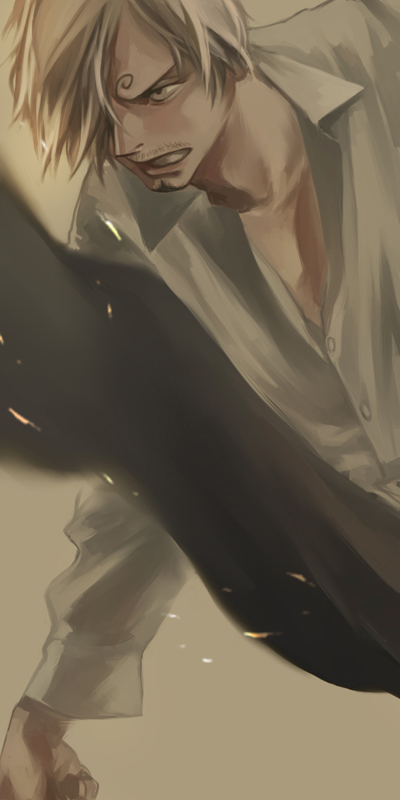 1boy blonde_hair buttons chest clenched_hand clenched_teeth collarbone collared_shirt d:&lt; facial_hair hair_over_one_eye kicking koga leg_up long_sleeves male_focus motion_blur one_piece pants partially_unbuttoned sanji shirt simple_background solo sparks teeth wing_collar